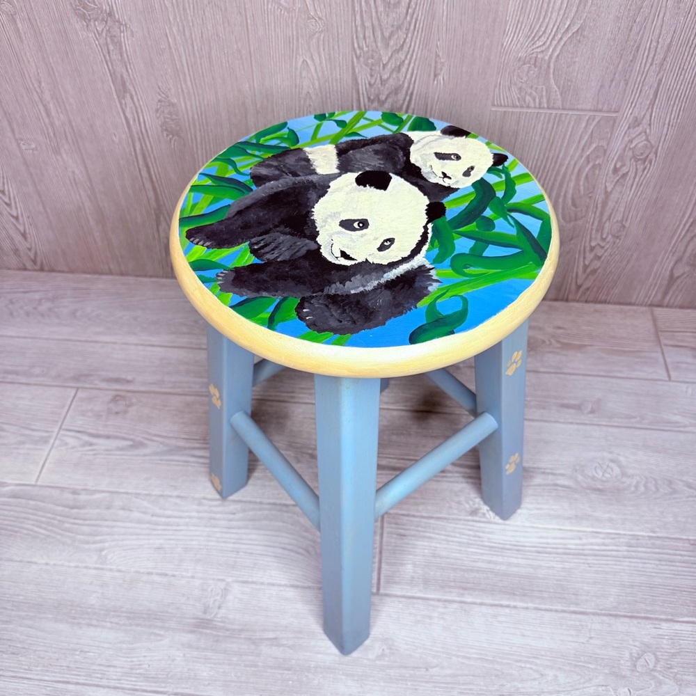 Wooden painted stool with panda design hand painted time out stool chair